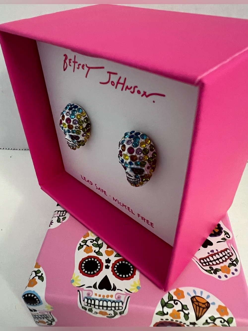 Betsey Johnson Multicolor Crystal Sugar Skull Stud Earrings - Picture 7 of 16